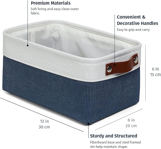 OrganiHaus Small Fabric Storage Baskets 6 Pack, 12x8in Cloth Storage Bins for Shelves, Small Baskets for Organizing Pantry Closet, Canvas Shelf Baskets, Navy Blue/Off-White
