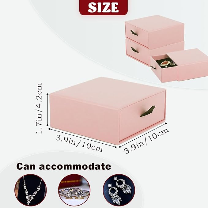 Nsmykhg Jewelry Gift Box Velvet-Lined,12 Pack Compact Drawer Style for Earrings & Rings, Necklace & Bracelet Organizer, 3.93x3.93x1.65 Inches, Stackable Elegant Jewelry Display & Storage Box (Pink)