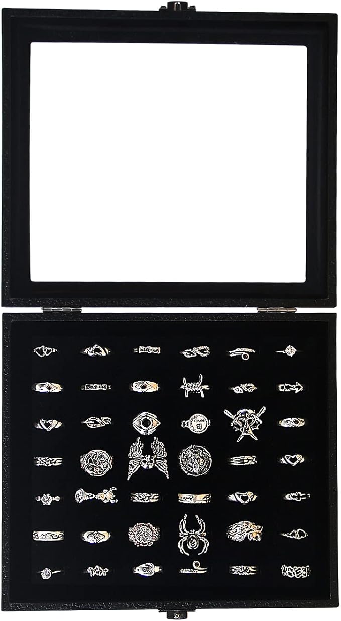 Pangkeep Ring Organizer Display Case,Black Jewelry Storage Tray Boxes for Multiple Rings,Glass Lid,Stackable. (42 Slots)