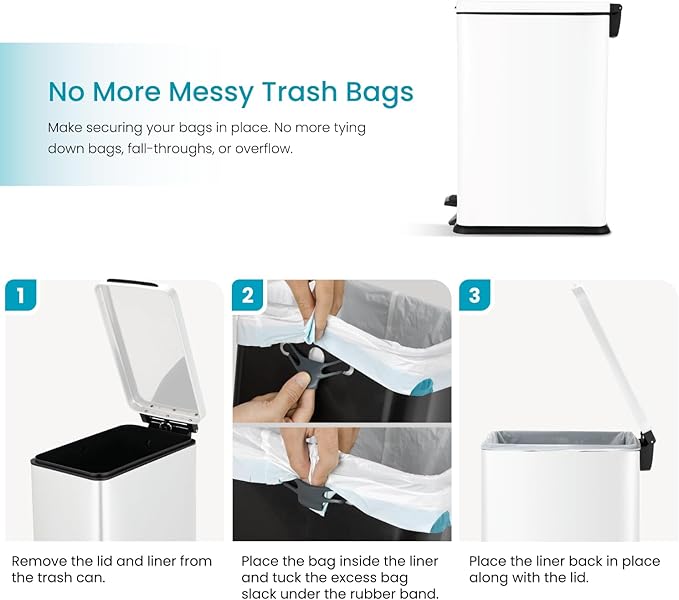 Home Zone Living 8 Gallon Slim Kitchen Trash Can with Soft Close Lid, Step Pedal, Bag Tuck Band, and Removable Liner, Stainless Steel, Matte White, 30 Liters