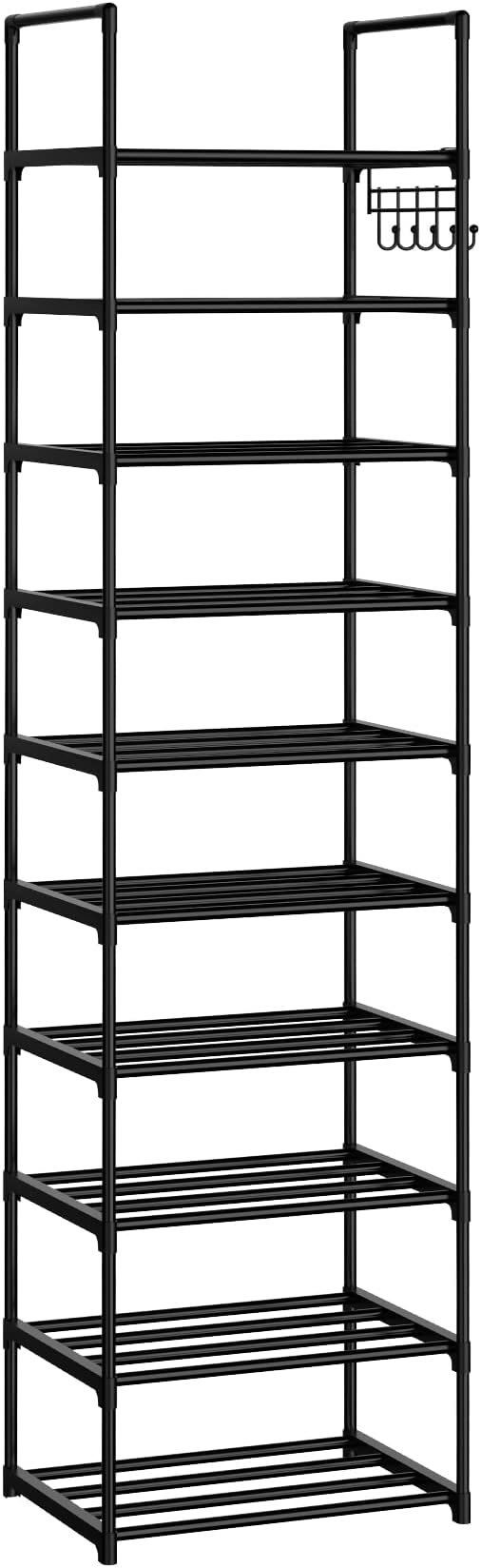 Narrow Shoe Rack 10 Tiers Tall Shoe Rack for Entryway Closet 20 24 Pairs Shoe & Boots Organizer Storage Shelf Durable Black Metal Stackable Shoe Cabinet with Hooks, 17.1D x 11.8W x 78.7H in
