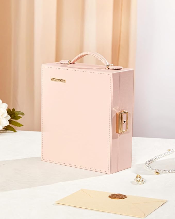 Enthralite Large Travel Jewelry Case: Portable Necklace Box with Mirror - PU Leather & Velvet Lined Jewelry Organizer for Ring Earring Bangle Bracelets Watch - Birthday Gift for Her