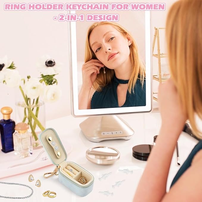 Velvet Mini Travel Jewelry Case, 2 in 1 Ring Holder Keychain + 50 Plastic Earrings, Portable Small Jewelry Organizer for Women, Travel/Gym/Wedding/Bridesmaid Gift