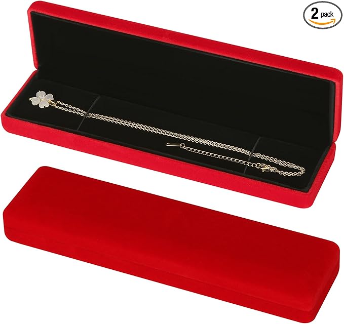 KUKUVR 2 Pieces Metal Velvet Necklace Bracelet Gift Box, Soft Lining Bracelet Pendant Long Chain Organizer Holder Display Case for Wedding Engagement Birthday Anniversary (Red)