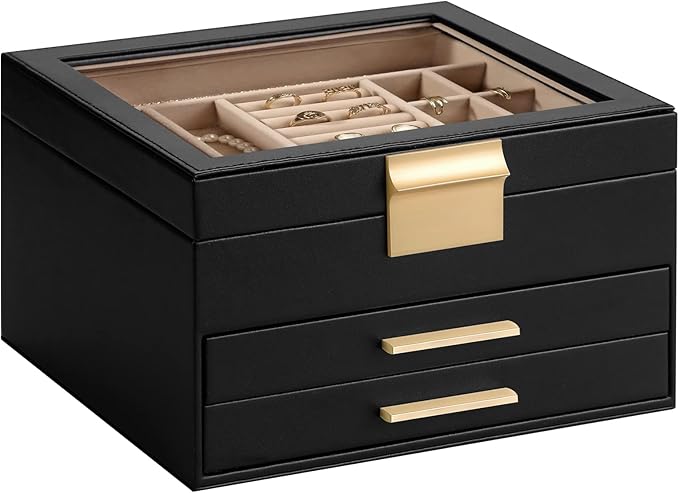 Somduy Jewelry Box Organizer for Women,3 Layers Jewelry Storage Display Box with Glass Lid,Gift for Christmas,3 Drawers,Large Capacity for Necklace Earrings Bracelets Rings,Black