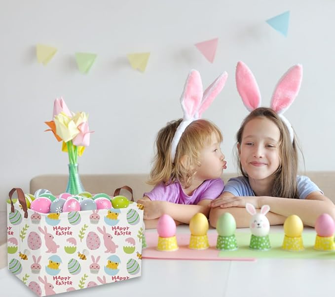 Easter Bunny Kids Gift Basket - Rectangular Toy Storage Basket Organizer Bin Box for Boys & Girls - Cute Easter Egg Room Decor for Home