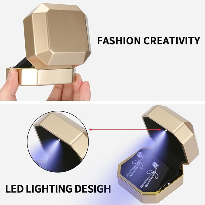 Luxury LED Jewelry Earring Pendant Stud Box, Velvet Earring Necklace Gift Box Storage Case Organizer Holder for Proposal Engagement Wedding Anniversary Birthday Ceremony (Gold)