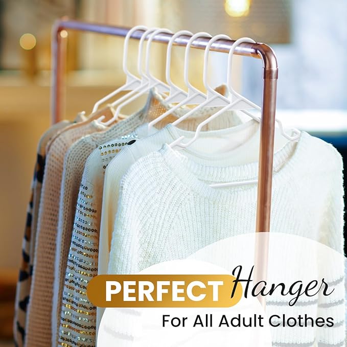 Our Modern Space 50 Pack Adult Plastic Hanger for Shirt Pants Coats Dresses Skirts Suits Jackets - Standard Thick Coat Hanger - Sturdy & Durable Design with Shoulder Grooves Hook - White