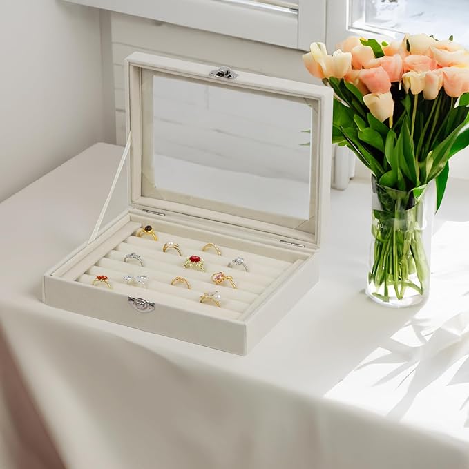 Fordonral Velvet Jewelry Organizer Box, Jewelry Drawer Organizers Trays, Earring Ring Necklace Holder Display Case (Beige, Ring Box)