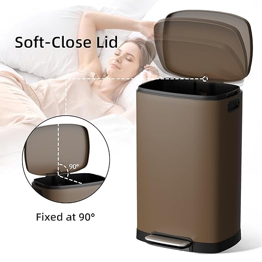 KUK 13 Gallon Kitchen Trash Can with Lid, 50L/13Gal Office Step Garbage Can for Home, Kitchen, Laundry Room, Office, Brushed Stainless Steel, Brown