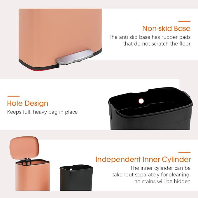 FDW | 13 Gallon Trash Can with Lid | Pink | Fingerprint-Proof | Made of Brushed Stainless Steel | Soft-Close Step Pedal | Hands-Free Use | Easy to Clean | for Kitchen, Office, Bathroom
