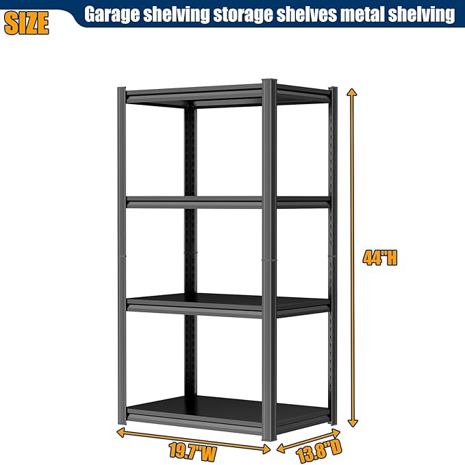 PRESTELION 44" H Storage Shelves Metal Garage Shelving Unit 4-Tier Metal Shelf Adjustable Storage Rack for Basement, Warehouse, Pantry, Closet, Kitchen 44" H x 19.7" W x 13.8" D, Black