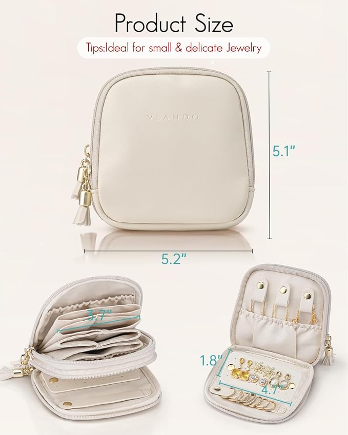 VLANDO Travel Jewelry Case,2-Layer Jewelry Organizer for Travel,Mothers Day Mom Gifts Teacher Gifts,Multi-Compartment Jewelry Storage for Rings Earrings Necklaces Bracelets-Cream White