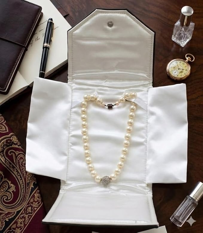 Novel Box Necklace Display Pearl Folder 7x5 inch Small Travel Jewelry Case - Wedding Jewelry Storage Holder with Smooth Finish - Jewelry Organizer Necklace Box - Black/White Stitched