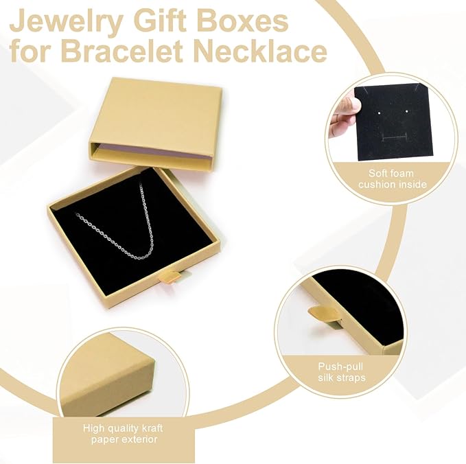 4 Pcs Jewelry Gift Box, 3.5x3.5x0.7Inch Cardboard Jewelry Boxes, Fancy Necklace Bracelet Earring Drawer Organizer Box, Kraft Empty Jewellery Boxes for Necklace Ring Earring Display Box(Kraft)