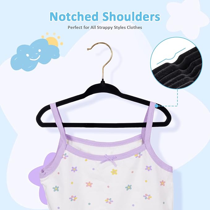 Tonswachic Baby Velvet Hangers 50 Pack - 11 Inch Premium Non Slip Felt Kids Hanger for Toddler & Infant Clothes - 0.2" Ultra Thin Baby Clothes Hangers with 10 Hanger Clips - Black