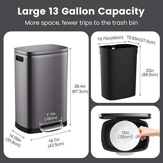 ELPHECO Kitchen Trash Can with Lid Soft Close, 13 Gallon / 50L Stainless Steel Pedal Garbage Can, Heavy-Duty Step Wastebasket with 20 Bags, Removable Bucket, Home Office, Titanium Silver