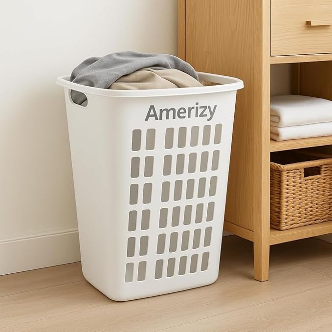 Large White Plastic Laundry Hamper – Rectangular Open Top Clothes Basket with Ventilation, Lightweight Durable Bin for Bedroom, Bathroom, Closet or Dorm Use 2 pack
