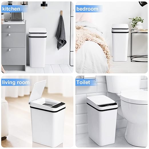 Anborry Bathroom Trash Cans with Lid Touchless Automatic Motion Sensor 4 Gallon Small Garbage Can, Smart Electric Plastic Narrow Garbage Bin for Living Room Bedroom Office Kitchen (White)