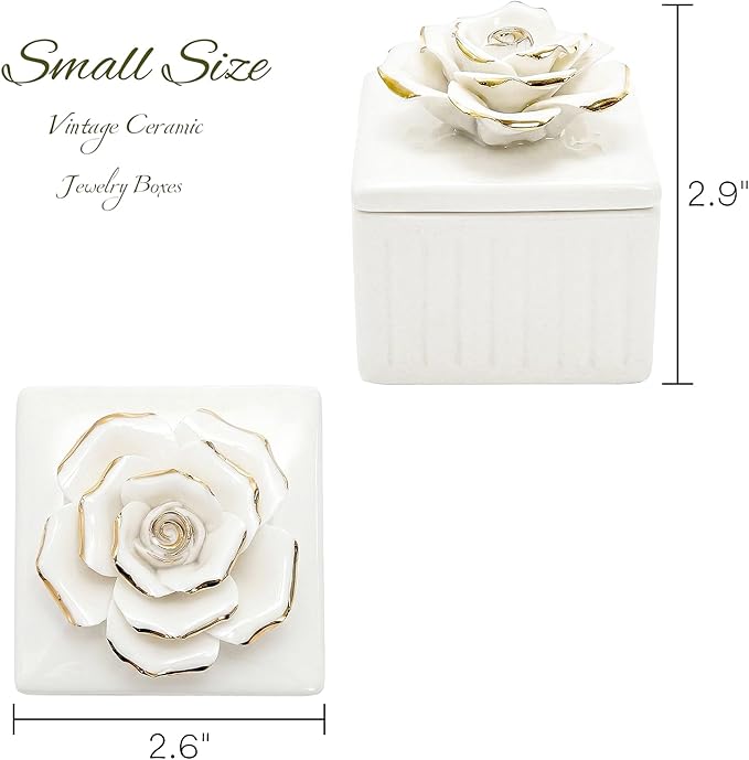 ZOOFOX 3 Pack Vintage Jewelry Box, Small Elegant Embossed Jewelry Holder with Lid and Rose-Shaped Knob, Ceramic Trinket Organizer for Women, Ring, Earrings, Necklace