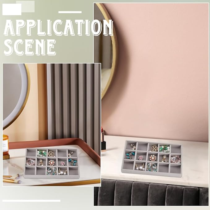 2Pcs 5 x 8.3 Inch Jewelry Drawer Inserts Velvet Jewelry Tray Gray 15 Grids Dresser Earring Drawer with Removable Divider Necklace Organizer Storage Container for Bracelet Ring Watch Display
