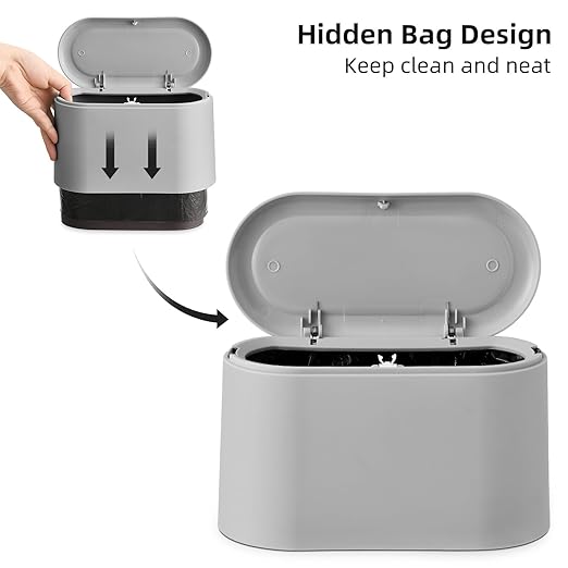SUBEKYU 0.5 Gal Mini Countertop Trash Can with Lid for Desktop, Small Garbage Can for Office, Tiny Wastebasket, Plastic, Light Grey