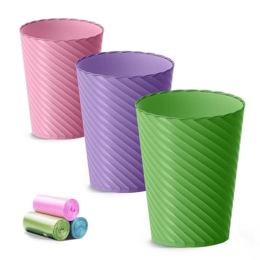 Lysam Bathroom Trash Can, 3 Pack 1.8 Gallons Small Trash Can with Trash Bags, Bathroom Garbage Can, Plastic Trash Bin, Round Waste Basket for Bedroom, Office, Compact Space (Pink Purple Green)
