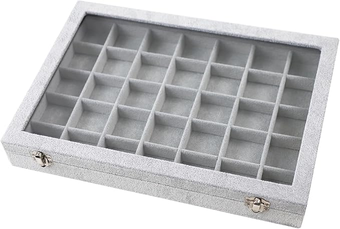 Jewelry Tray 35 Grid Velvet Jewelry Organizer with Clear Lid Transparent Earring Bracelet Organizer Holder Case with Clasp Drawer Insert for Rings Studs Gift for Women Girls