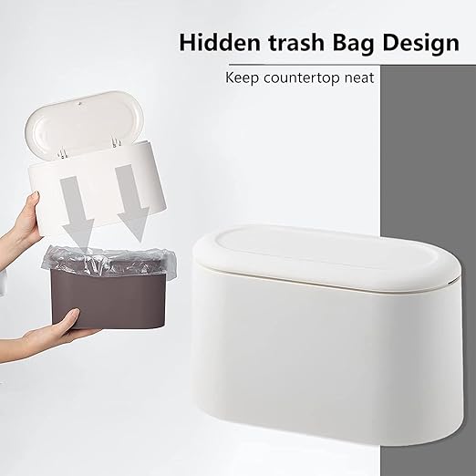 SUBEKYU Mini Trash Can with Lid,Small Desk Trash Can,Countertop Mini Garbage Cans,Tiny Waste Basket,White,with 3 roll Bags