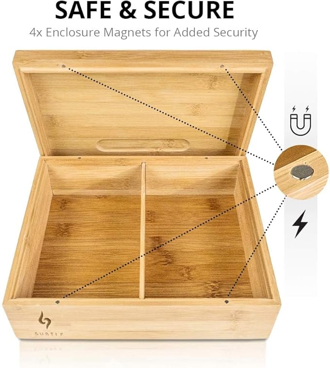 Subtle Rolling Tray Stash Box - Large Bamboo Box w/Ample Storage Space to Organize Herb Accessories - Comes with Convertible Rolling Tray Lid - (10" x 8" x 3.5")