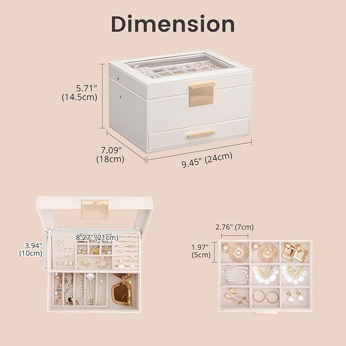 Lolalet Jewelry Box, Clear Window Jewelry Organizer with Drawer for Earrings Bracelets Necklaces Rings, Jewelry Storage for Women -White, 3 Layers