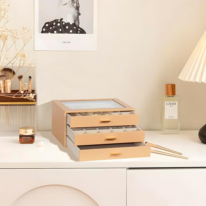 Jewelry Box with Glass Lid, 3-Layer Jewelry Organizer for Women Girls, PU Leather Display Case with 20-Grid Earring Tray & Movable Dividers for Necklaces Rings,Camel