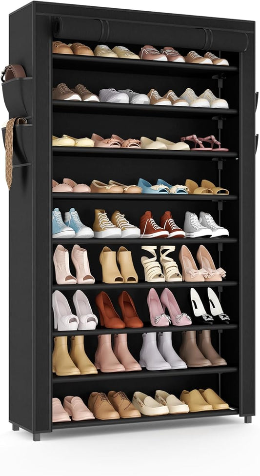 VILICK Shoe Rack with Cover Narrow Shoe Organizer with Pockets 10 Tier Tall Shoe Storage Holds 36-41 Pairs Shoes and Boots Shoe Rack for Closet Entryway Garage, Black