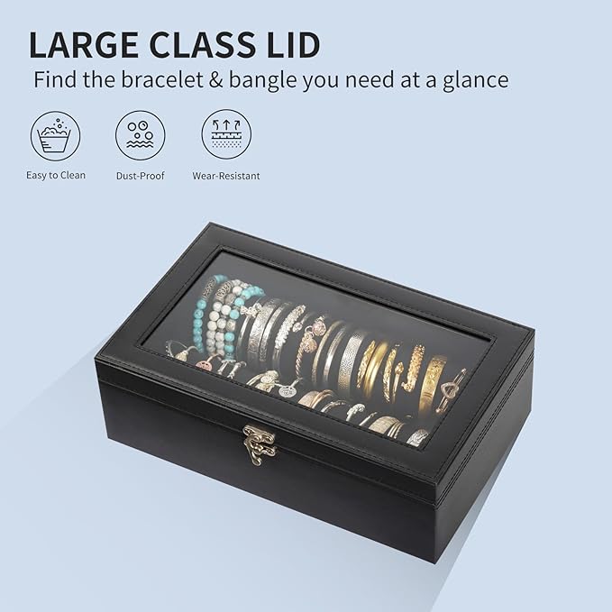AUTOARK Bracelet & Watch Storage Box with Glass Lid & 2 Anti-Roll Rods,PU Leather Jewelry Case,Soft Lined Locking Organizer for Women,Gift for Dresser & Cabinet Display,Black,MKAW145