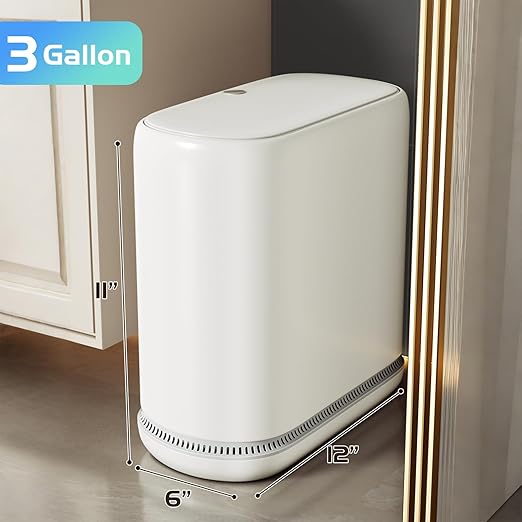 Bathroom Trash Can with Lid, 3 Gallon Small Slim Garbage Bin with Auto-Adsorption & 75 Bags (5 Rolls), Mini Waste Basket Dog Proof for Bathroom, Kitchen, Office, Bedroom, Laundry, Toilet, Rv, White