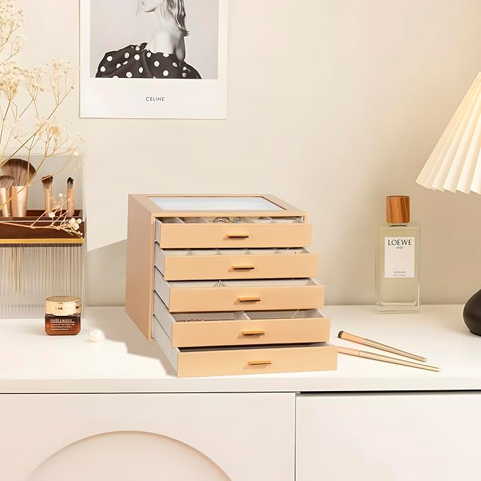 Jewelry Box with Glass Lid, 5-Layer Jewelry Organizer for Women Girls, PU Leather Display Case with 20-Grid Earring Tray & Movable Dividers for Necklaces Rings,Camel