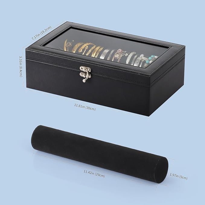 AUTOARK Bracelet & Watch Storage Box with Glass Lid & 2 Anti-Roll Rods,PU Leather Jewelry Case,Soft Lined Locking Organizer for Women,Gift for Dresser & Cabinet Display,Black,MKAW145