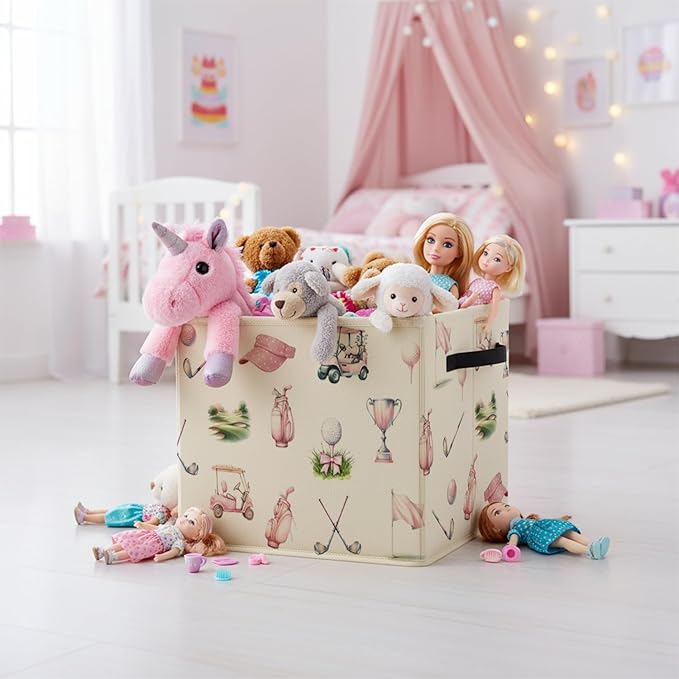 Pink Bow Golf Storage Bin Box with Handles, Golfers Golf Lovers Gifts Foldable Baskets Organizer for Girls Room Nursery Bathroom Home Sports Room Clothes Toys Books, Toybox for Girls