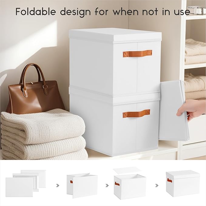 Homsorout Storage Bins with Lids - Fabric Storage Baskets for Shelves, 4 Pack Foldable Decorative Boxes with Handles, Stackable Organizer Bins for Home, Nursery, Dorm, White