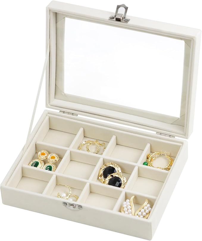 Fordonral Velvet Jewelry Organizer Box, Jewelry Drawer Organizers Trays, Earring Ring Necklace Holder Display Case (Beige, 12 Grid Box)