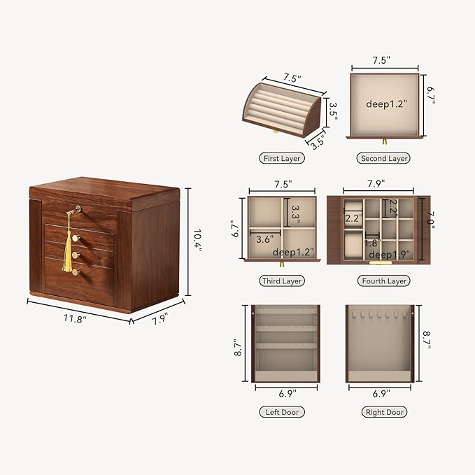 CHOSIN Black Walnut Wooden Jewelry Box, 4 Layer Lockable Organizer with Mirror, Rotatable Ring Holder,Side Doors & Brass Handle, Classical Design for Rings, Necklaces, Mothers Day Gift for Mom