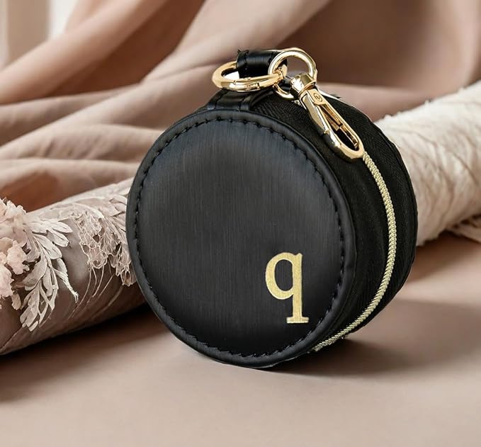 COLLECTIVE HOME - Monogrammed Letter Jewelry Case, Portable Travel Ring Holder Box with Keychain, Personalized Initial Organizer for Earrings Necklaces, Gift for Her (Black-q)
