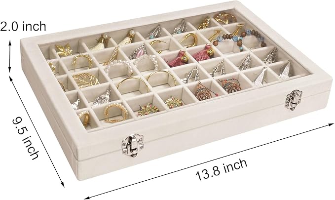 Siveit Velvet Jewelry Tray 48 Grid Jewelry Display Tray Organizer Box with Transparent Lid Rings Earrings Necklaces Pendants Display Box Suitable for Women and Girls (Beige)