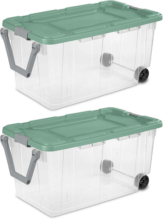 Ratiyae 160 Quart Wheeled Storage Box, Extra Large Durable Clear Plastic Bin, Latch Lid, Lt Green, 2 Count