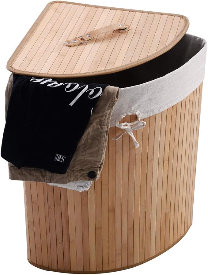GOFLAME Corner Bamboo Laundry Hamper with Lid and Removable Liner, Washing Clothes Basket Storage Bin with Handle, Suitable for Bedroom, Bathroom, Laundry (Natural)