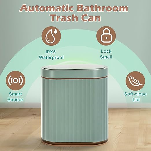 ELPHECO Bathroom Trash Can with Automatic Lid, 2 Gallon Sensor Trash Bin, Smart Garbage Can, IPX5 Waterproof Slim Trash Bin, Motion Sensor Wastebasket for Office, Kitchen, Sage Green Gold