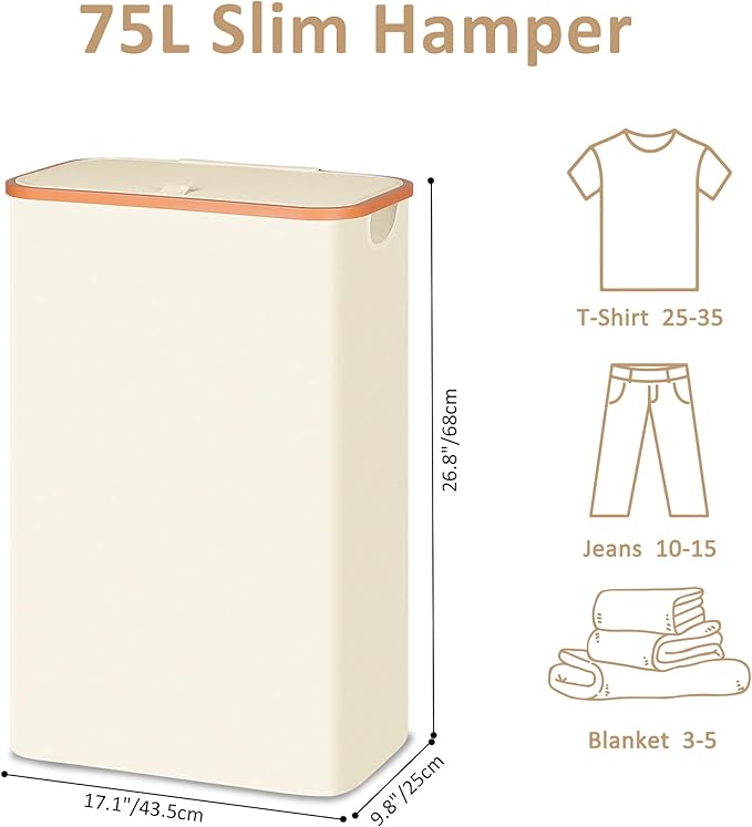 Vincona Slim Laundry Basket with Lid, Narrow Dirty Clothes Hampers for Laundry with Handle, Skinny Laundry Bin for Laundry Room, Dorm, Bedroom and Bathroom, 19.8 Gallon (75L) Beige