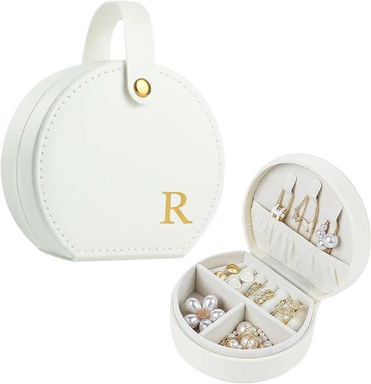 Travel Jewelry Case, Elegant Half-Moon Design with Golden Accents, Detachable Handle, White Personalized Accessory Organizer, Fashion-Forward Gift for Women and Teens(R)