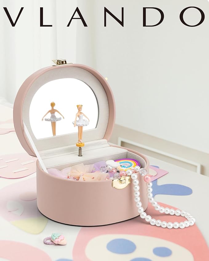VLANDO Musical Jewelry Box for Girls, Small Kid Music Box with Ballerina for Party Bedroom Decor, Bithday Gift for Girl - Pink