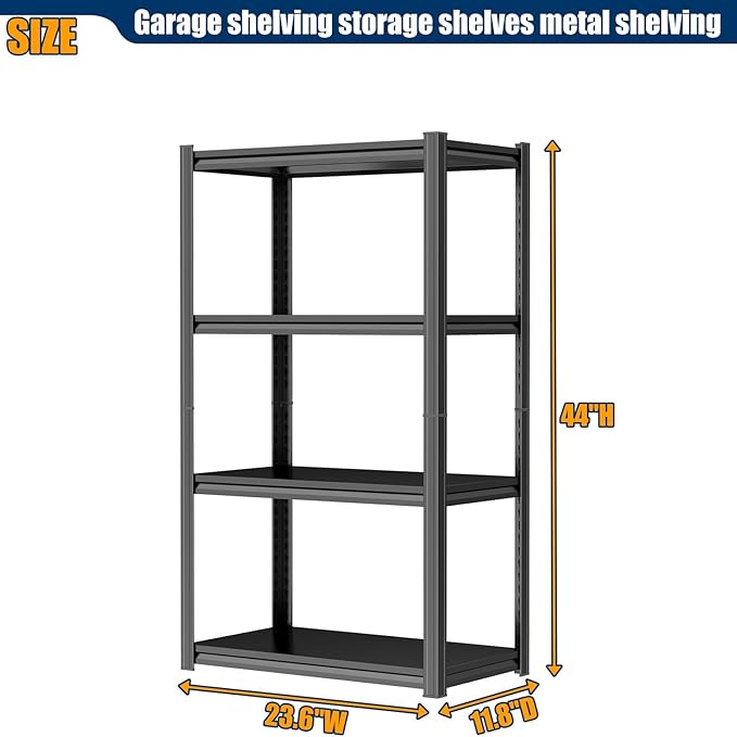 PRESTELION 44" H Storage Shelves 4-Tier Metal Shelf Adjustable Garage Shelving Unit Storage Rack for Basement, Warehouse, Pantry, Closet, Kitchen 44" H x 23.6" W x 11.8" D, Black